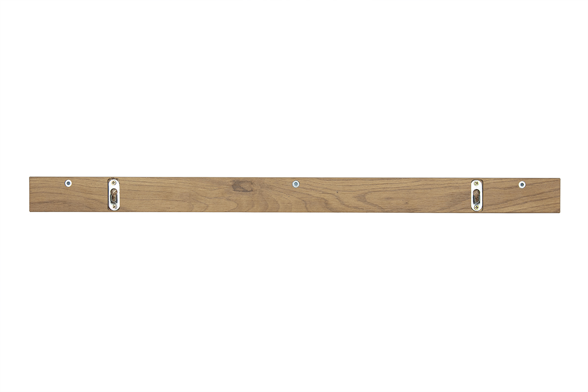 Supporto da parete in legno chiaro di quercia visto da dietro, lunghezza 75 cm con fissaggi visibili.