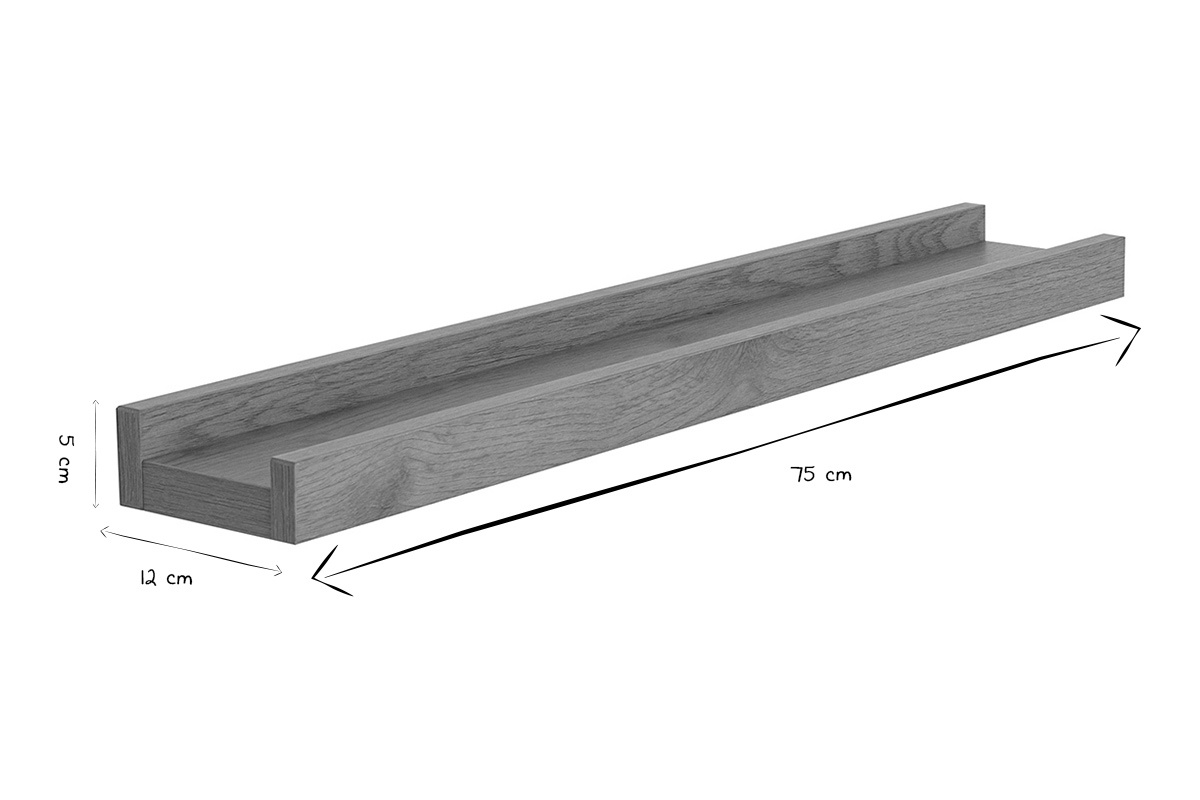 Supporto da muro in legno chiaro 75x12x5 cm, dimensioni in bianco e nero.