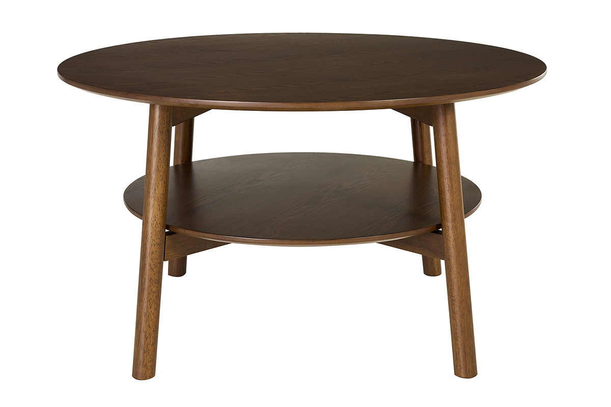 Tavolino basso rotondo in legno scuro, doppio piano, vista frontale.