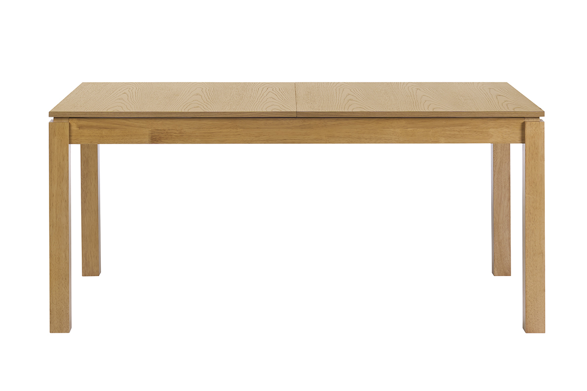 Tavolo da pranzo allungabile in legno chiaro di quercia, vista frontale, dimensioni L170-230 cm.