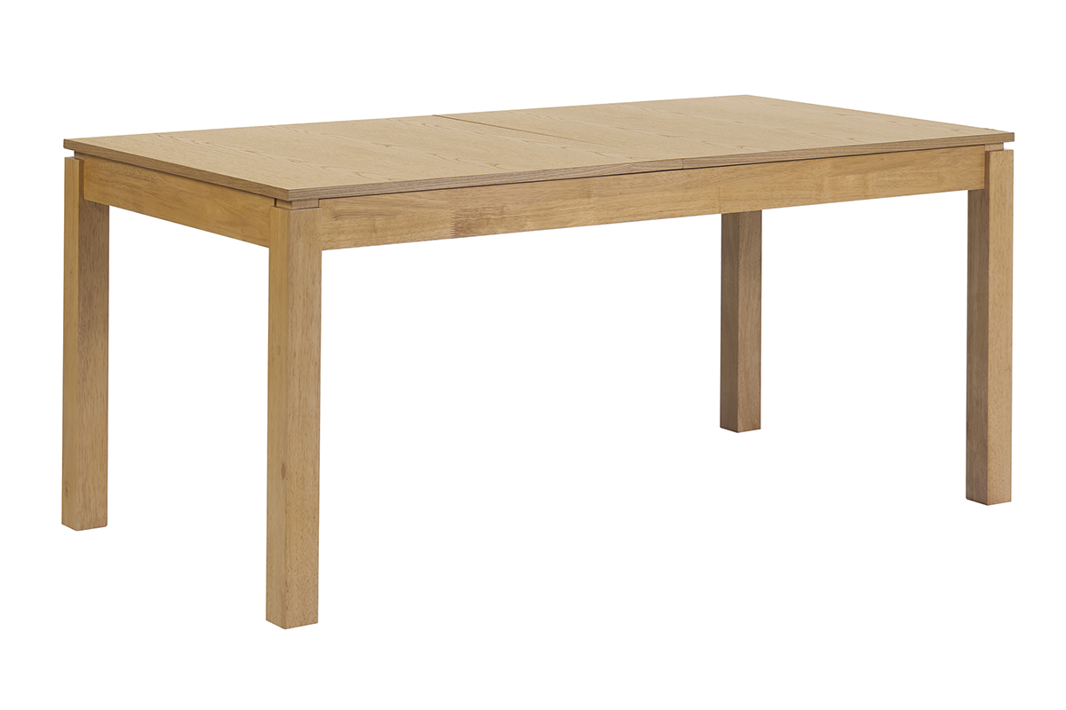 Tavolo da pranzo allungabile in legno chiaro di rovere, vista a 3/4, dimensioni L170-230 cm.