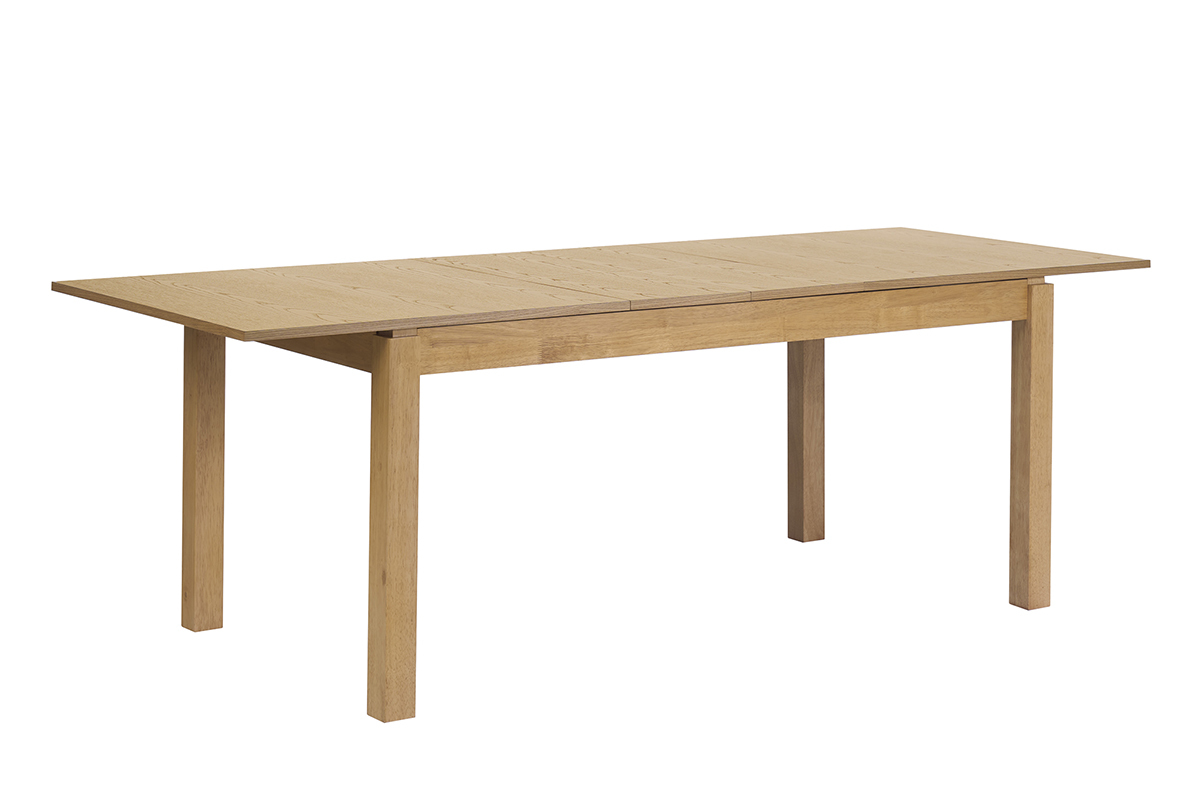 Tavolo da pranzo estensibile in legno chiaro di rovere visto a 3/4, dimensioni L170-230 cm.