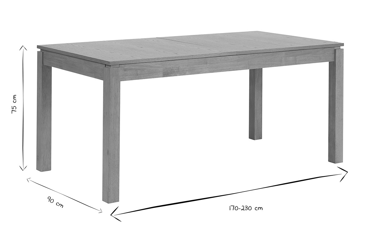 Dimensioni del tavolo allungabile SYLVA L170-230 cm in nero e bianco, lunghezza 170-230 cm, larghezza 90 cm, altezza 75 cm.
