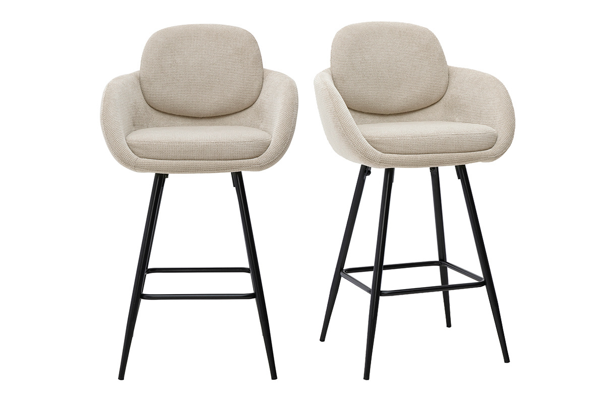 Set di 2 sgabelli da bar in tessuto beige effetto velluto e metallo nero, vista frontale
