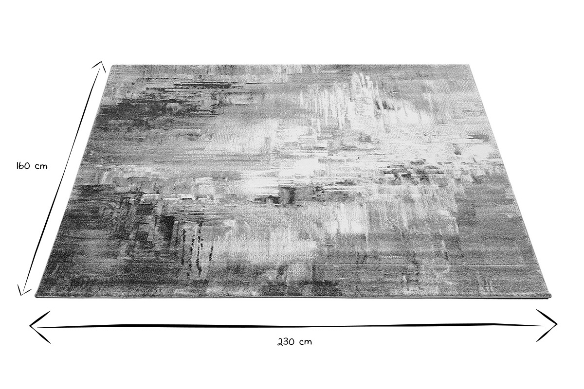Tappeto rettangolare con motivi astratti 160 x 230 cm in bianco e nero, dimensioni indicate nell'immagine.