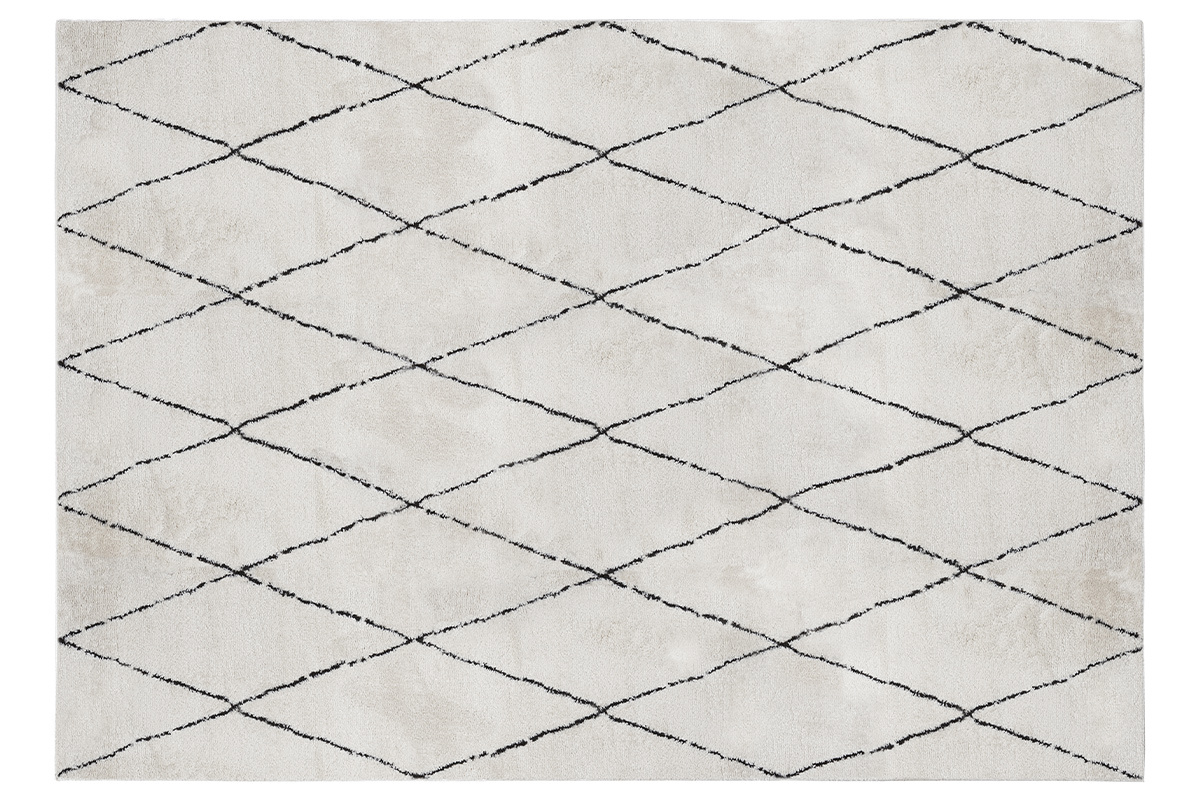 Tappeto rettangolare 200x300 cm, avorio con motivi a losanga neri, vista dall'alto.