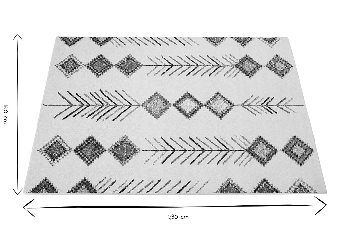 Dimensioni di un tappeto in bianco e nero, 230 cm per 160 cm.