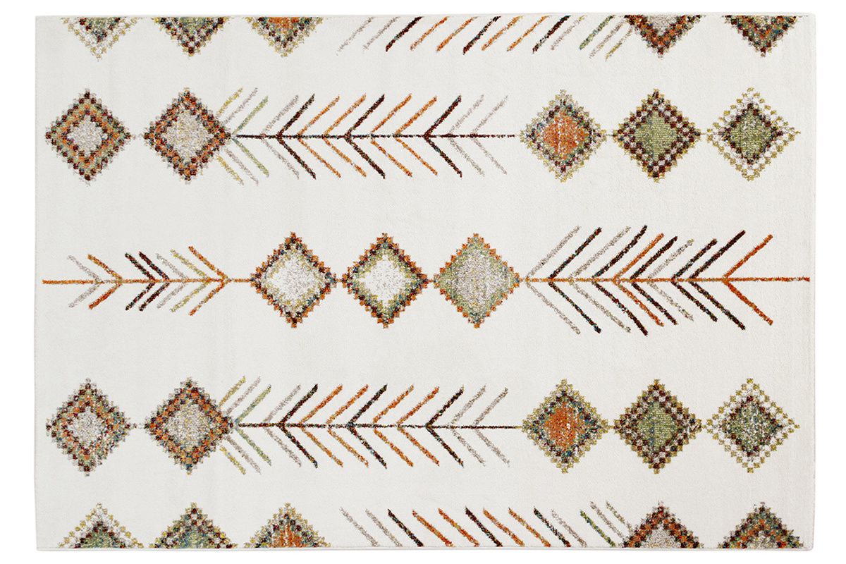 Tappeto rettangolare con motivi berberi multicolore, sfondo cru, losanghe e frecce, 160 x 230 cm.