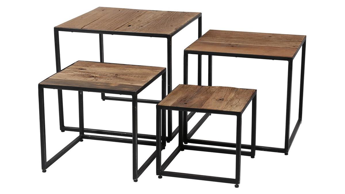 Tavolini a incastro in acciaio e legno riciclato HINDI (set di 4)