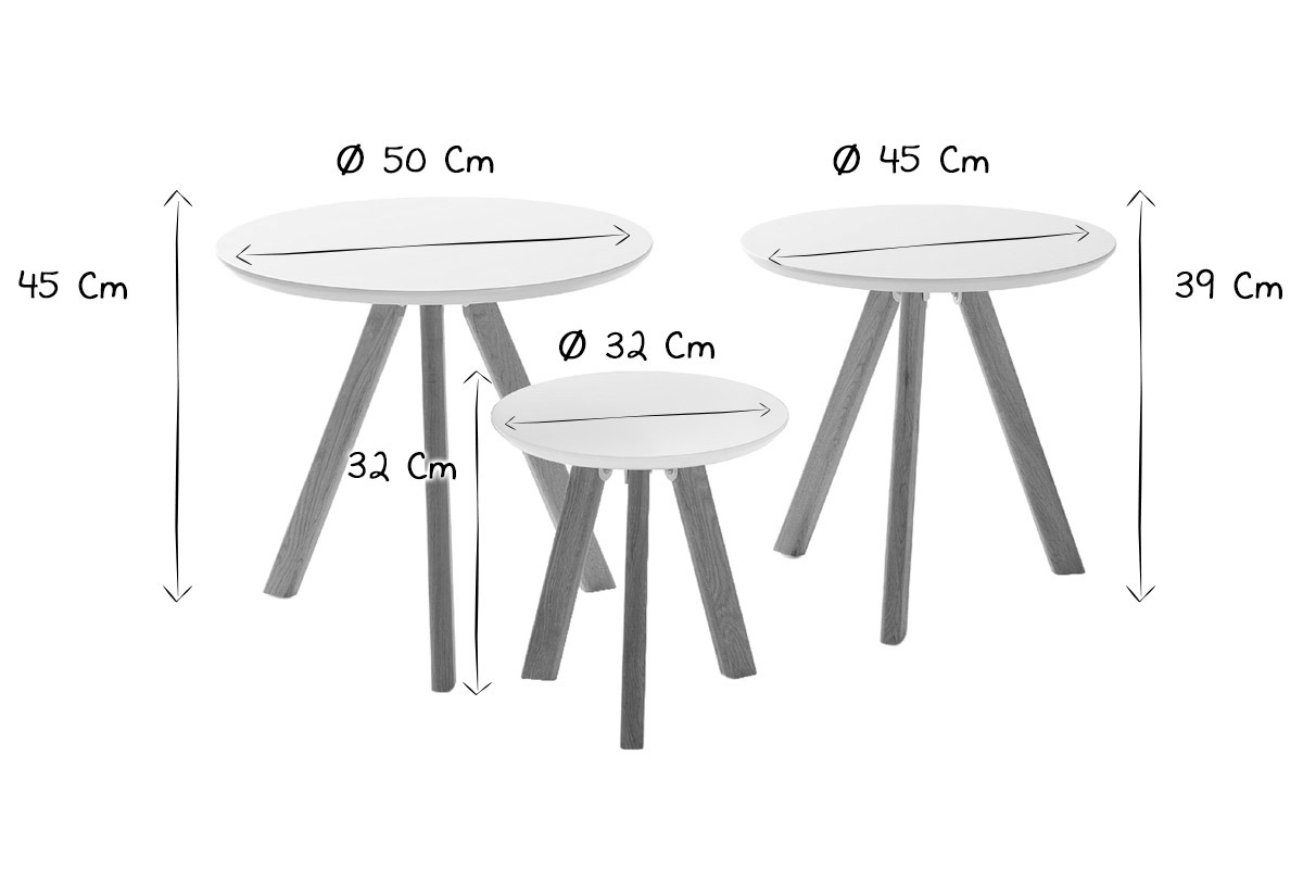 Tavolini annidati scandinavi rotondi bianco e legno (set di 3) TENO