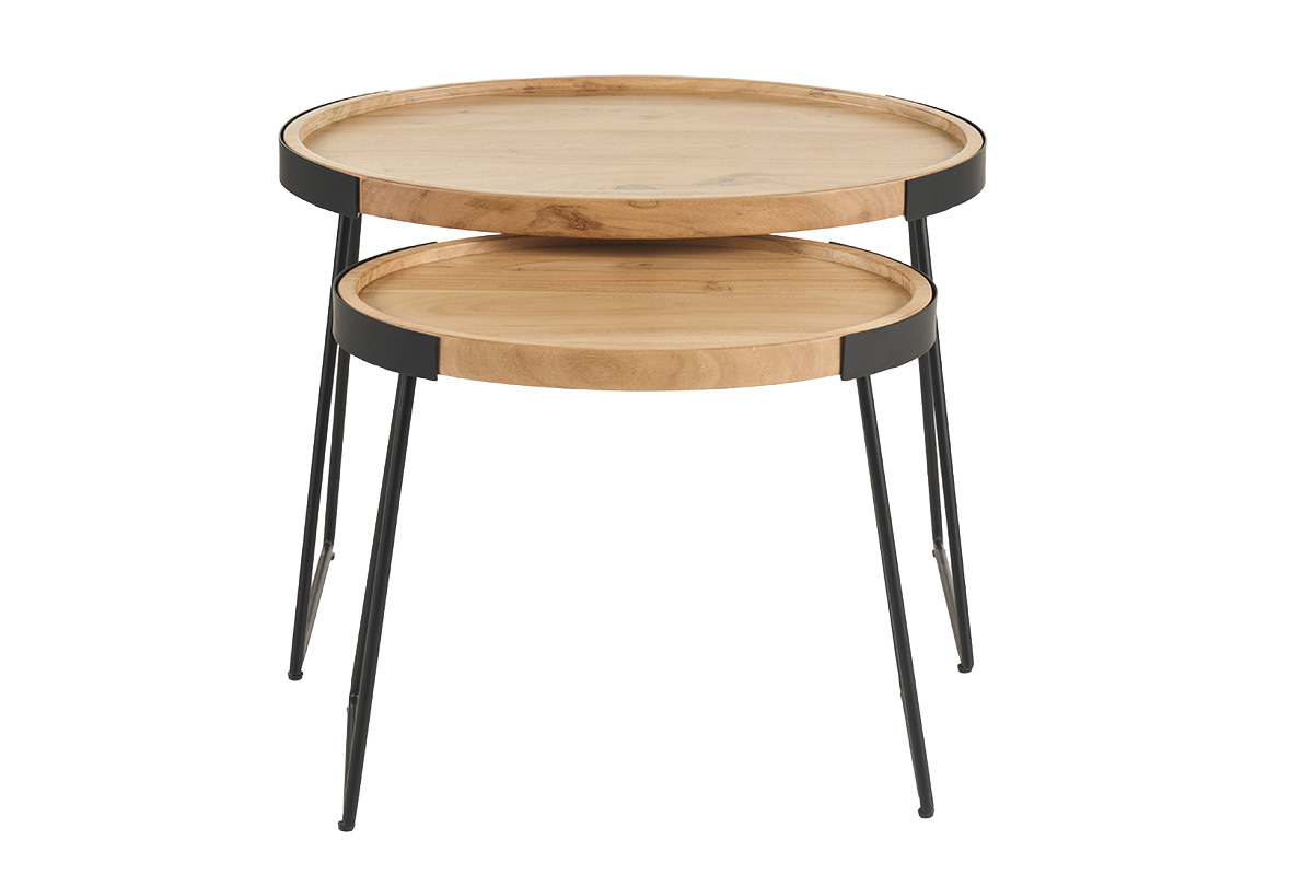 Set di 2 tavolini in legno massiccio con gambe in metallo nero, vista frontale.