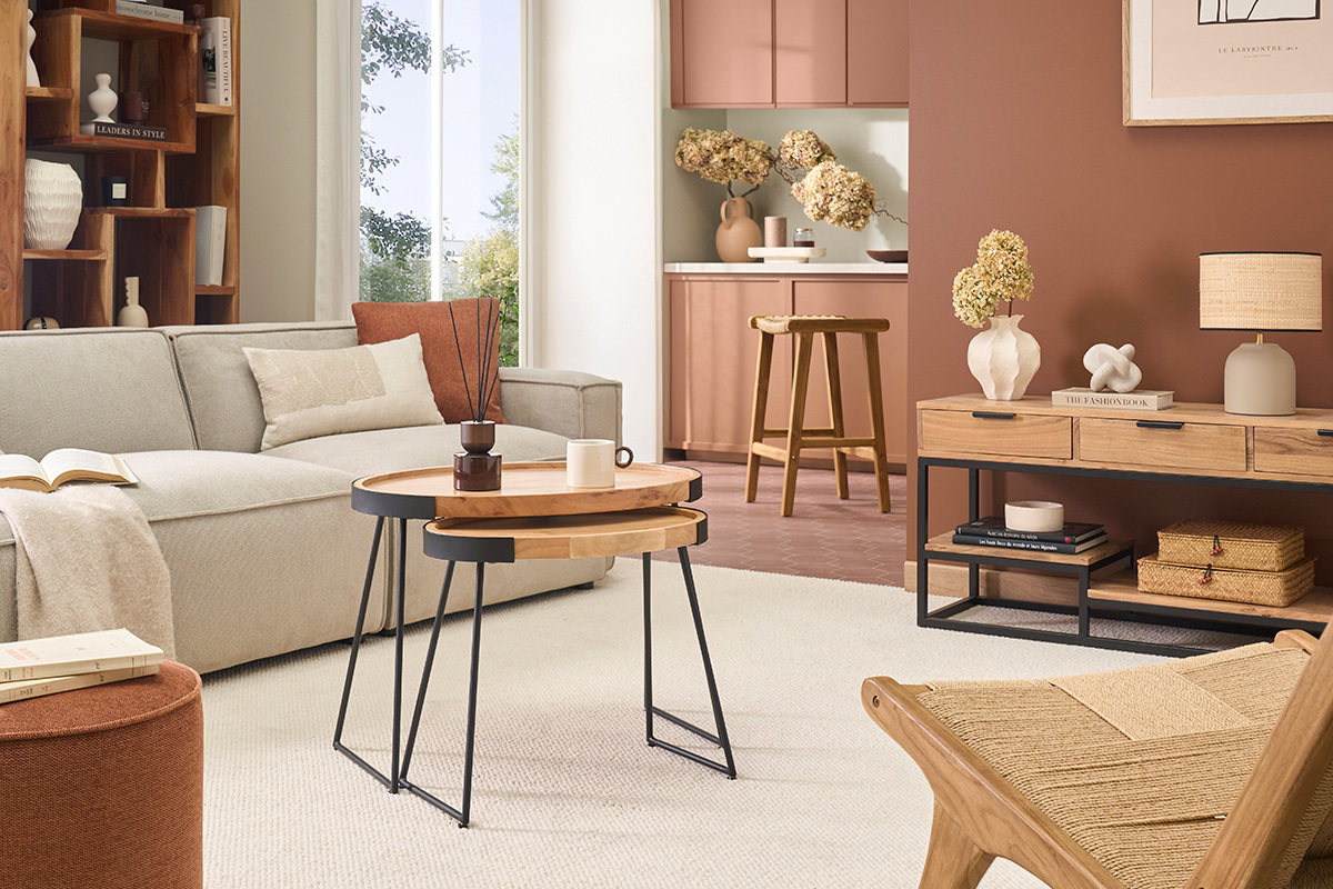 Tavolini bassi a scomparsa in metallo e acacia ELAVO