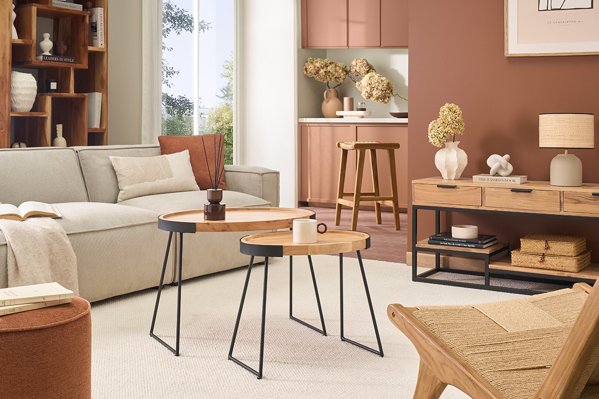 Tavolini bassi a scomparsa in metallo e acacia ELAVO