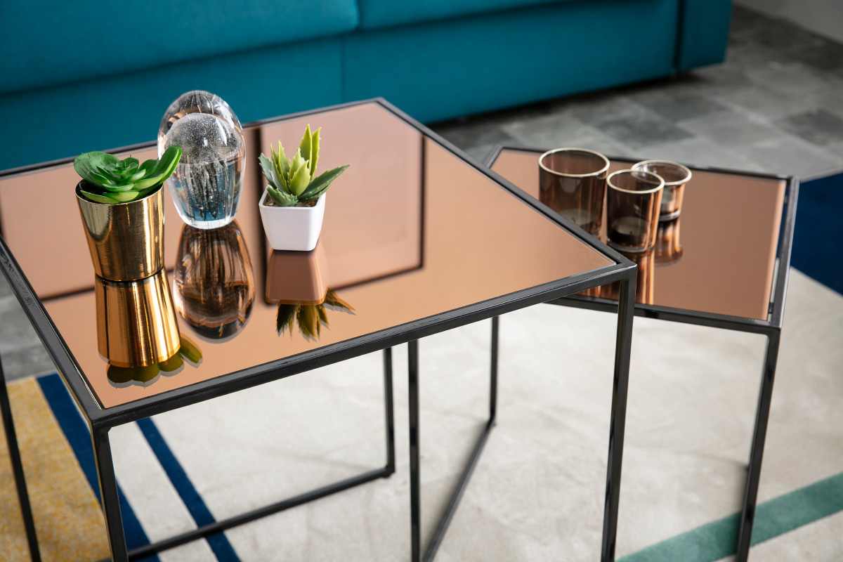 Tavolini bassi a scomparsa quadrati bronzo e vetro fum� (gruppo di 2) POMPEI