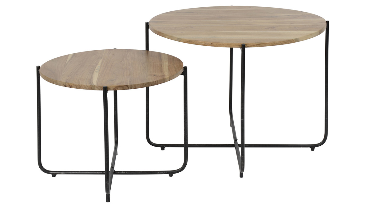 Tavolini bassi a scomparsa rotondi in legno e metallo nero (gruppo di 2) CROSS