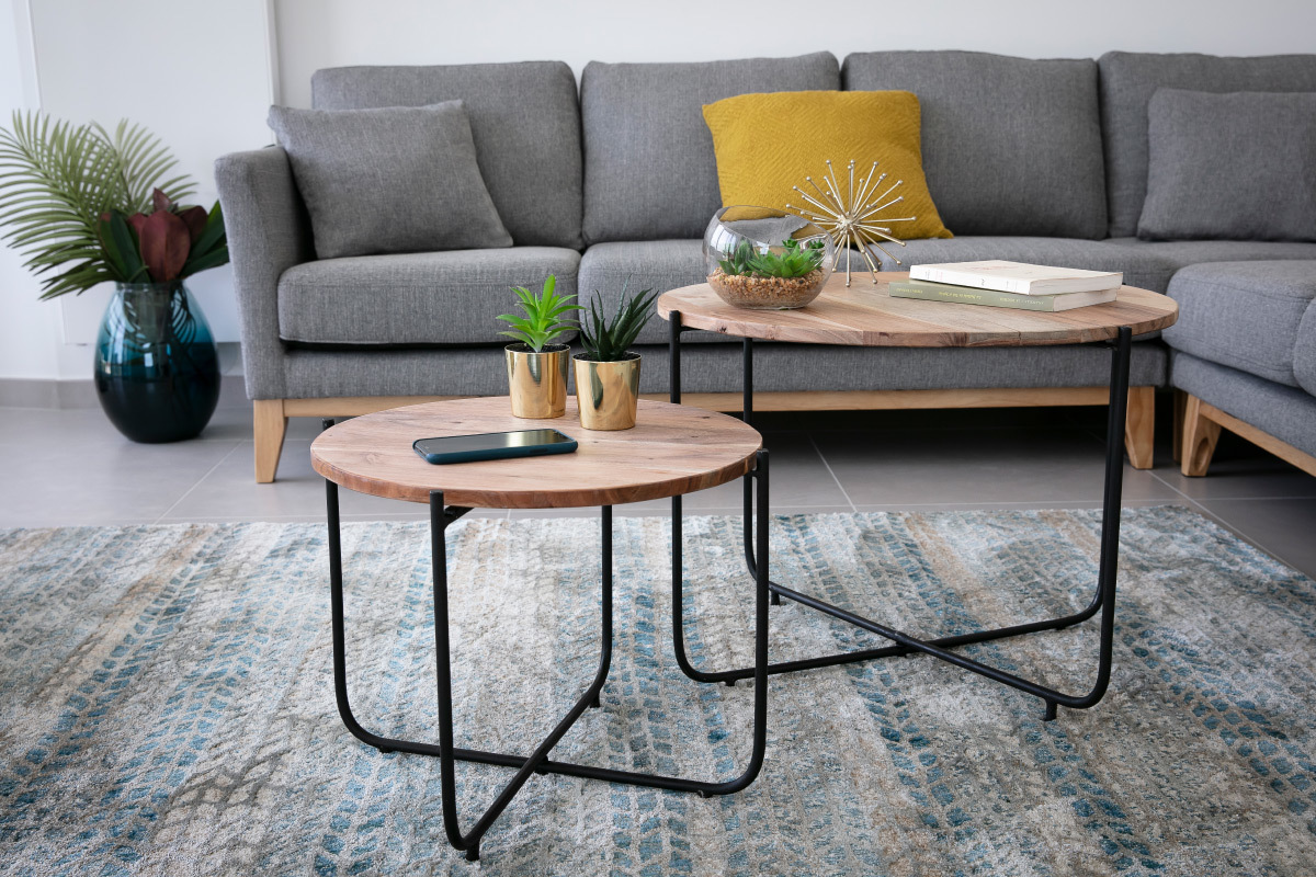 Tavolini bassi a scomparsa rotondi in legno e metallo nero (gruppo di 2) CROSS