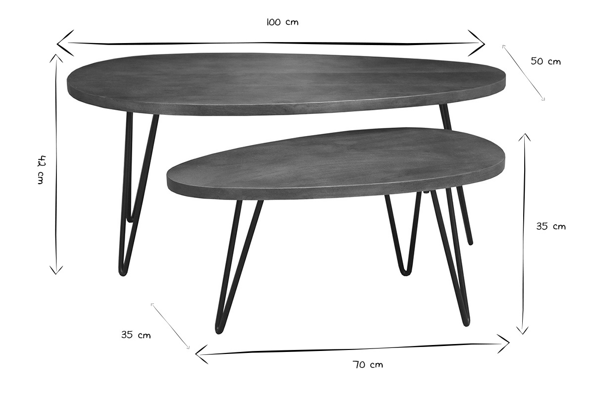 Dimensioni dei tavolini bassi nidificati in bianco e nero: 100x50 cm e 70x35 cm.