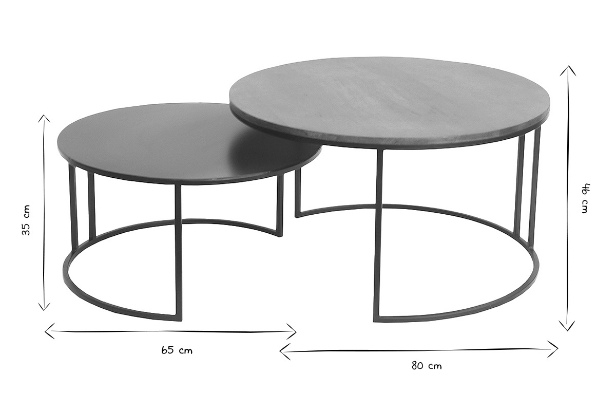 Dimensioni in bianco e nero dei tavolini impilabili TAHL: 65x65x35 cm e 80x80x46 cm.