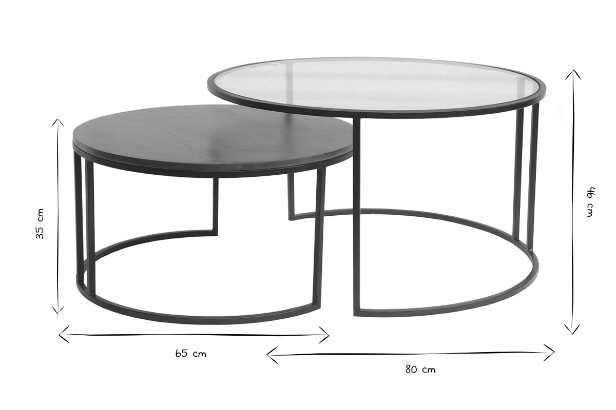 Dimensioni dei tavolini bassi rotondi impilabili in bianco e nero, 65 cm e 80 cm di diametro