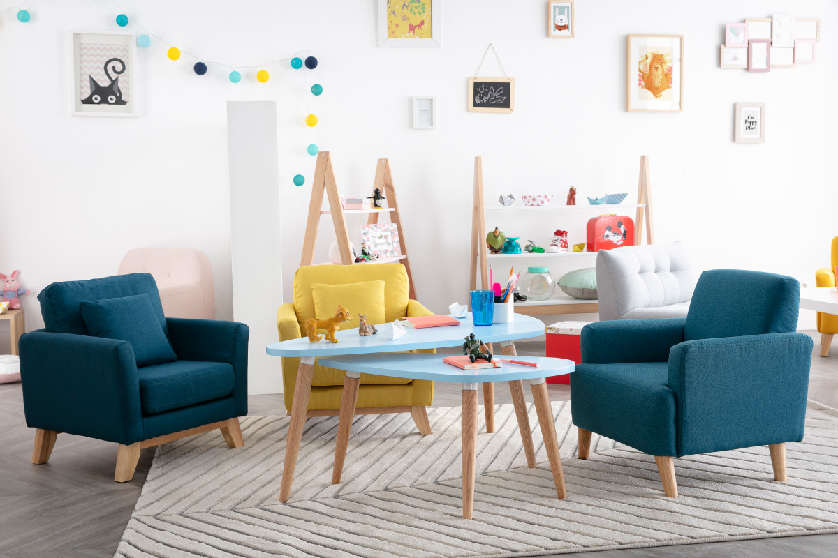 Tavolini bassi scandinavi blu laguna e legno chiaro ARTIK