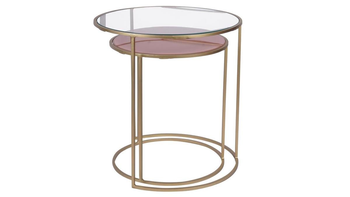 Tavolini caff estraibili in vetro colore rosa e metallo dorato (set di 2) JANE