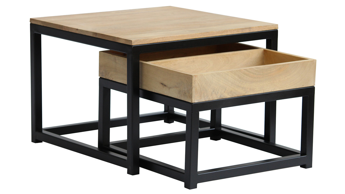 Tavolini da caffè quadrati a incastro in legno di mango e metallo (set di 2) FACTORY