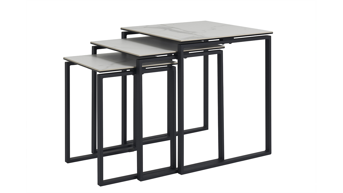 Tavolini da salotto estraibili design in ceramica effetto marmo bianco e metallo nero (set di 3) STRESA