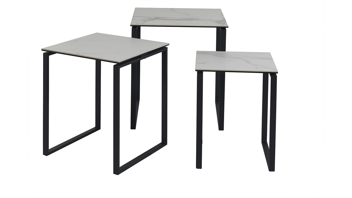 Tavolini da salotto estraibili design in ceramica effetto marmo bianco e metallo nero (set di 3) STRESA