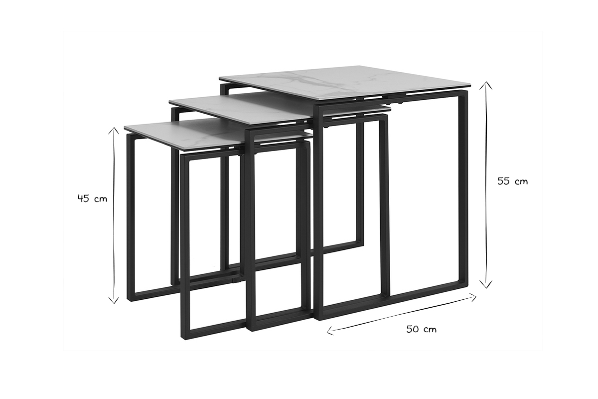 Tavolini da salotto estraibili design in ceramica effetto marmo bianco e metallo nero (set di 3) STRESA