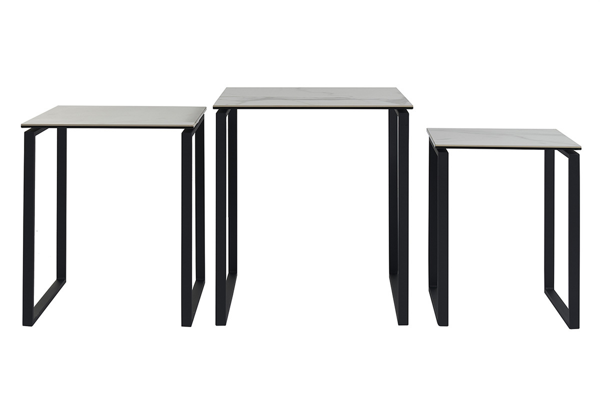 Tavolini da salotto estraibili design in ceramica effetto marmo bianco e metallo nero (set di 3) STRESA