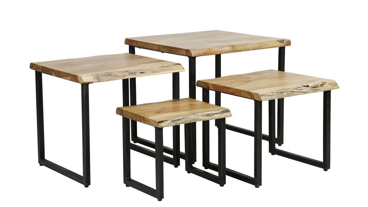 Tavolini da salotto estraibili in massello di acacia e metallo nero (set di 4) DEVI