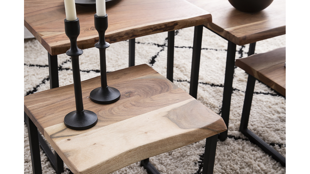 Tavolini da salotto estraibili in massello di acacia e metallo nero (set di 4) DEVI