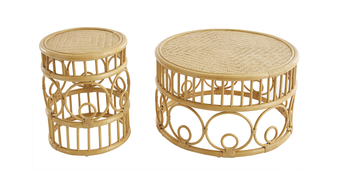 Tavolini da salotto rotondi in rattan e bamb D70 cm e D40 cm (set di 2) SORAYA