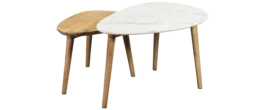 Tavolini estraibili marmo bianco e legno di mango (set di 2) EVY