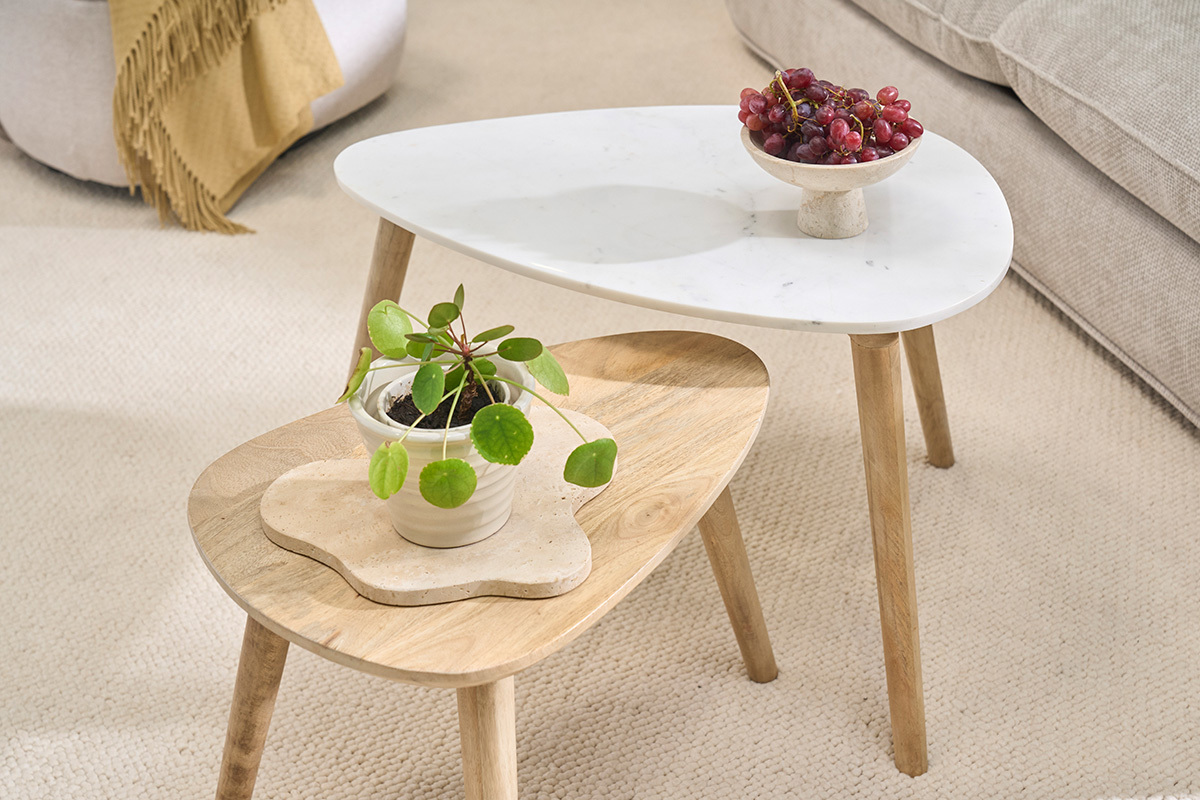 Tavolini estraibili marmo bianco e legno di mango (set di 2) EVY