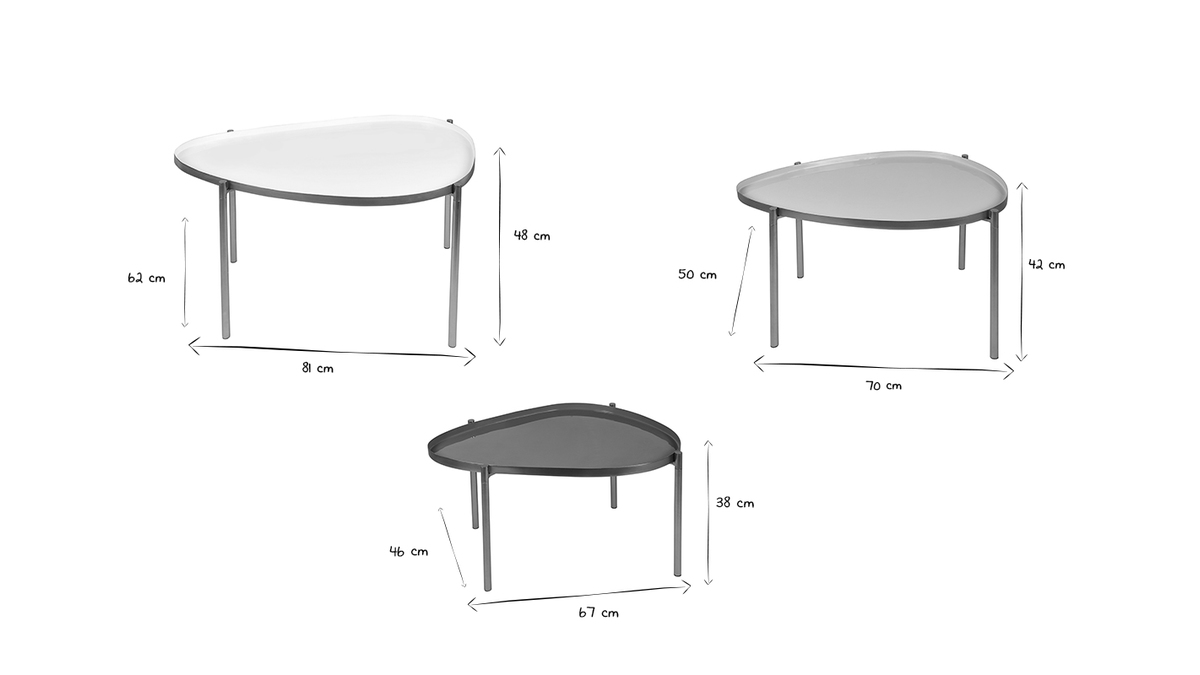 Tavolini impilabili laccati bianchi, grigio chiaro e grigio scuro (set di 3) ZURIA