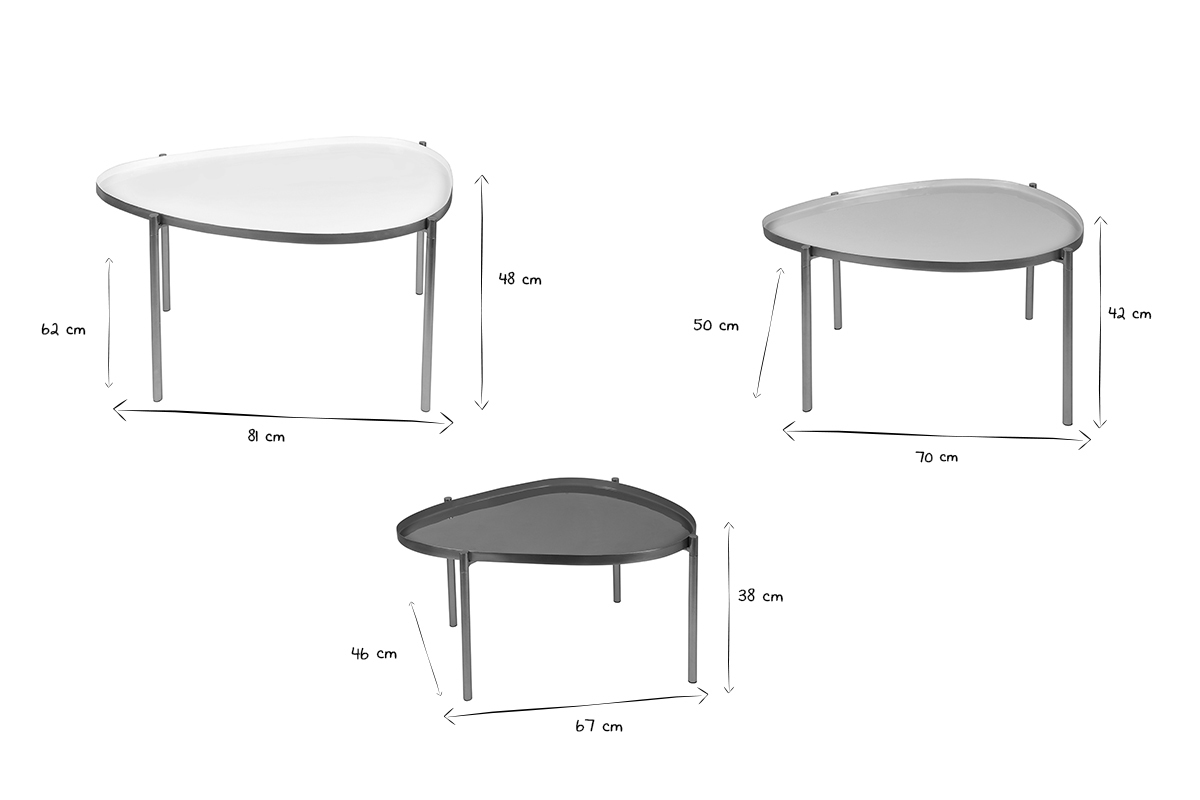 Tavolini impilabili laccati bianchi, grigio chiaro e grigio scuro (set di 3) ZURIA