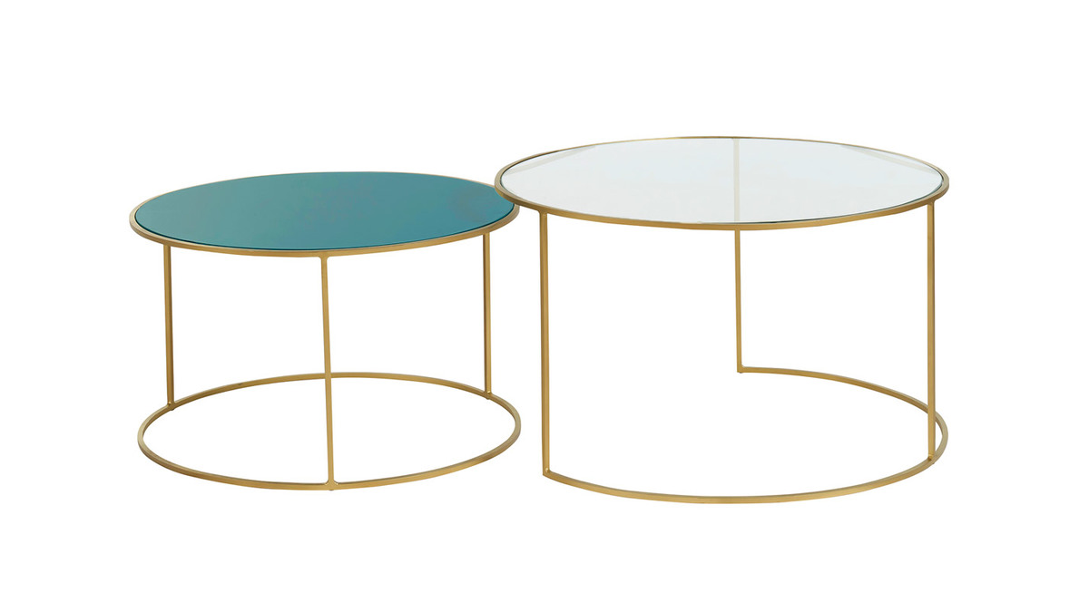 Tavolini salotto estraibili in metallo dorato e vetro colore blu petrolio (set di 2) ROXO