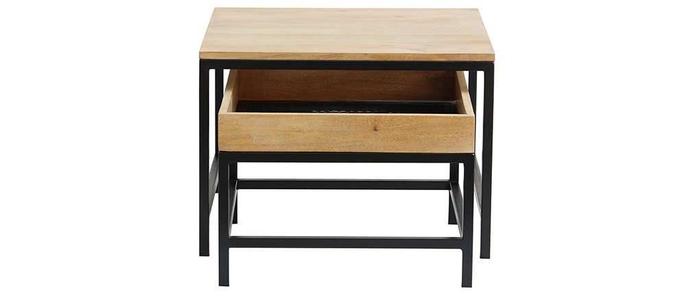 Tavolini salotto estraibili quadrati in legno massello di mango e metallo (set di 2) RACK