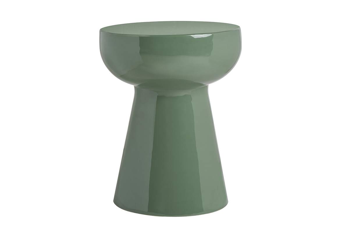 Tavolino rotondo in metallo smaltato verde kaki, vista frontale.