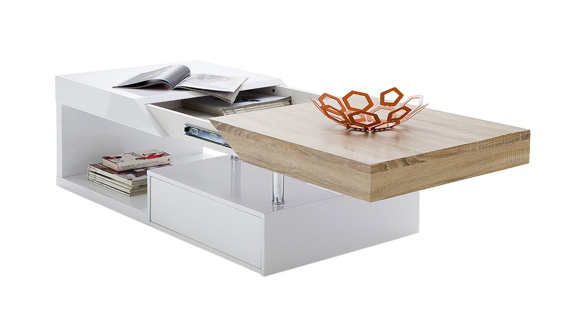 Tavolino basso design con cassetti laccato bianco e rovere SLICE