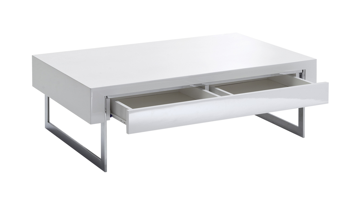 Tavolino basso design con cassetto laccato bianco e metallo cromato COOPER
