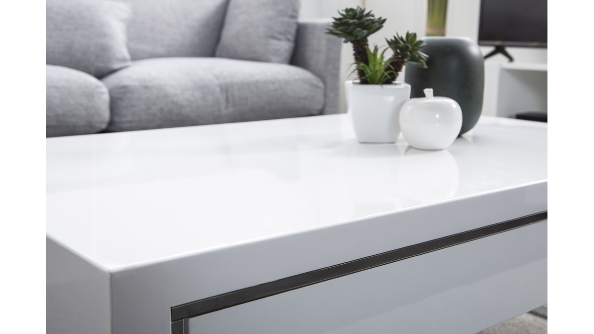 Tavolino basso design con cassetto laccato bianco e metallo cromato COOPER