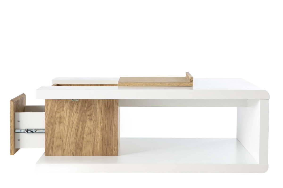 Tavolino basso design laccato bianco e placcato rovere DEEP