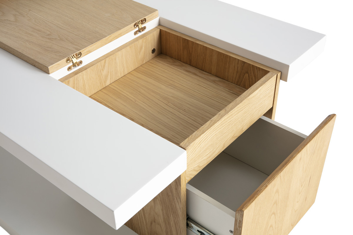 Tavolino basso design laccato bianco e placcato rovere DEEP