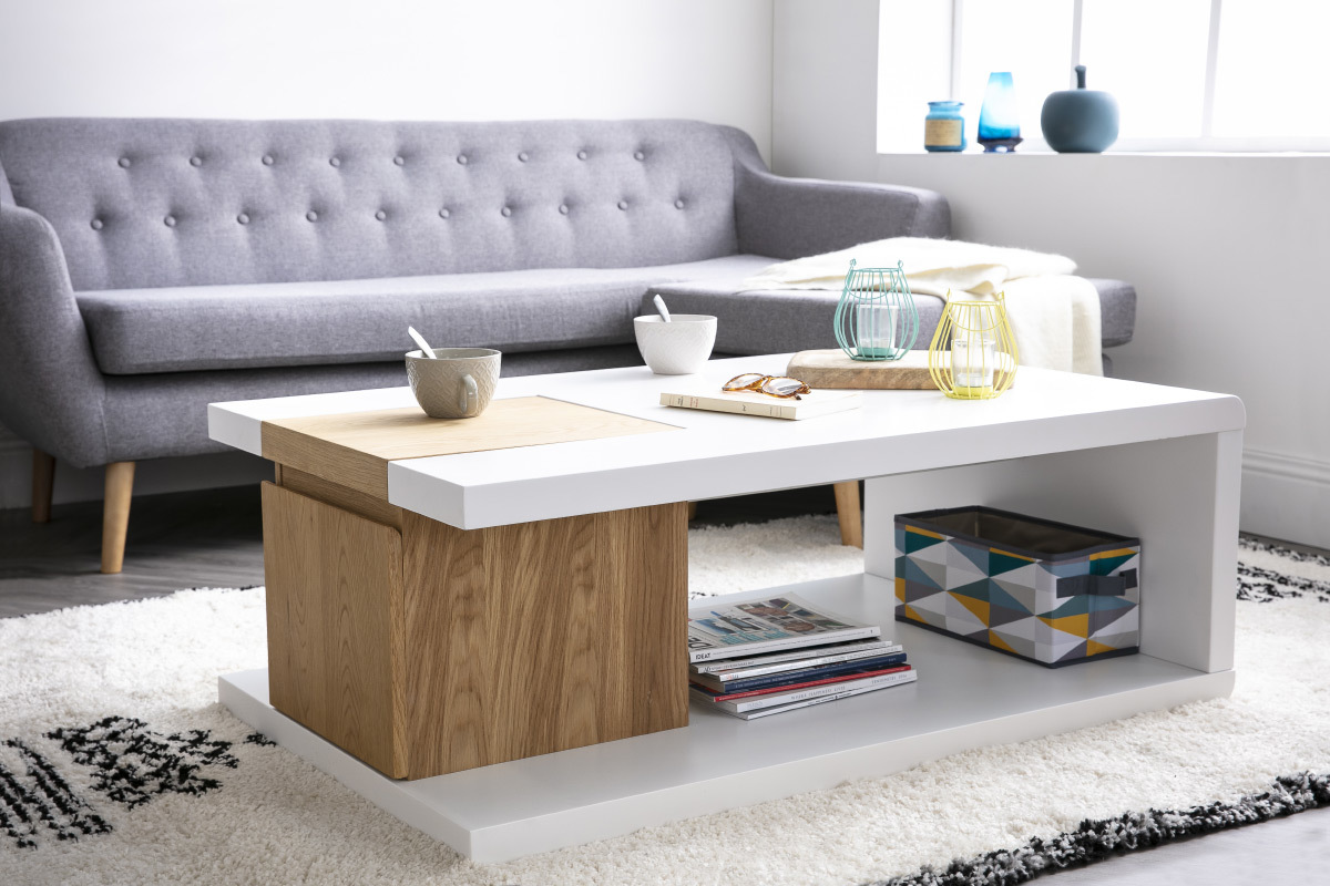 Tavolino basso design laccato bianco e placcato rovere DEEP