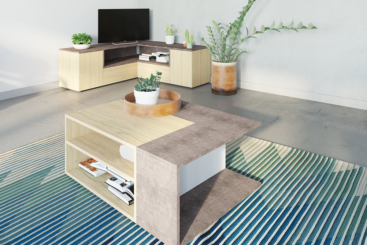 Tavolino basso design legno e grigio cemento amovibile QUADRA