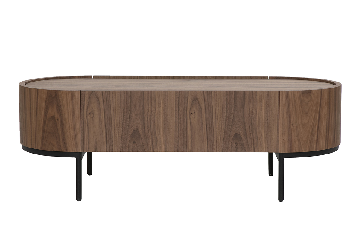 Tavolino da caff� di design in legno scuro noce e metallo nero, vista posteriore con cassetto integrato.