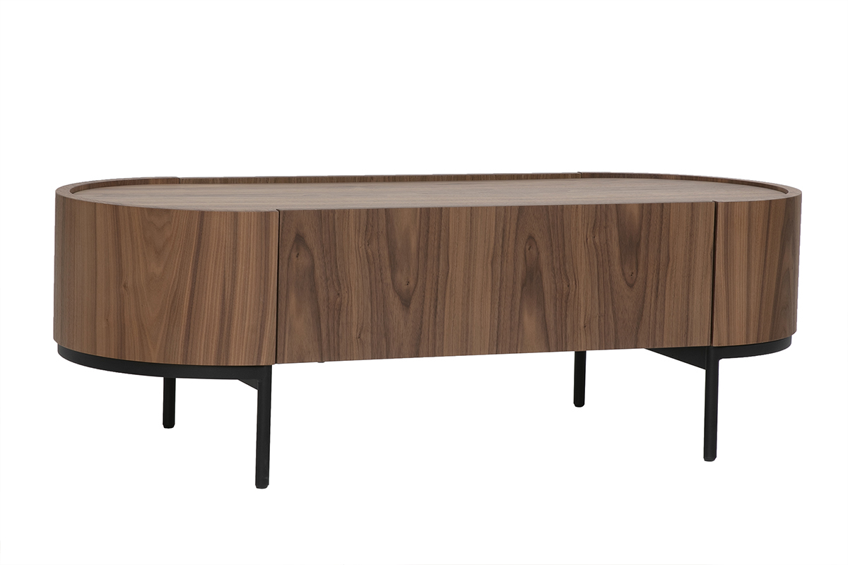 Tavolino da caff� di design ovale in legno scuro noce con metallo nero, vista in 3/4