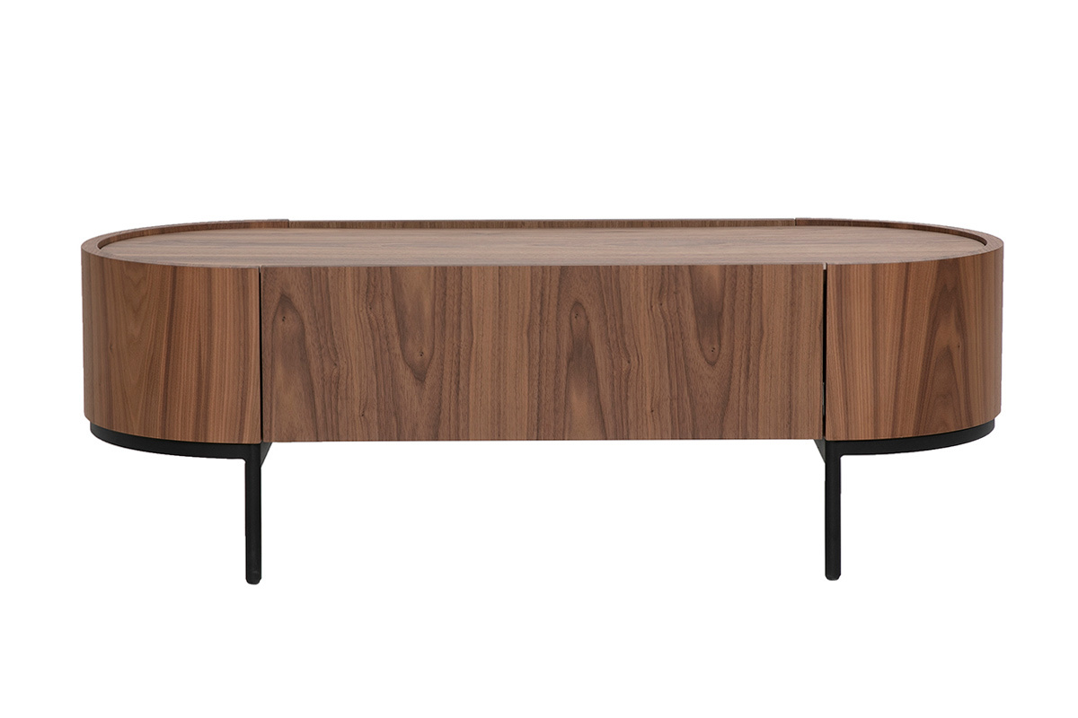 Tavolino da caff� di design in legno scuro noce e metallo nero, vista frontale, con cassetto integrato.